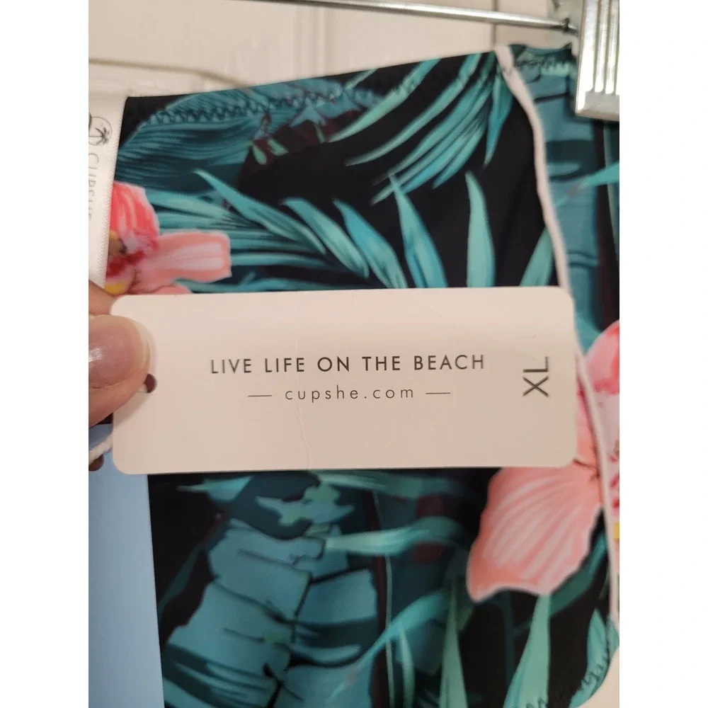 Cupshe Tropical Floral High Waisted Bikini Bottom Pink Orchid Leaves XL NWT